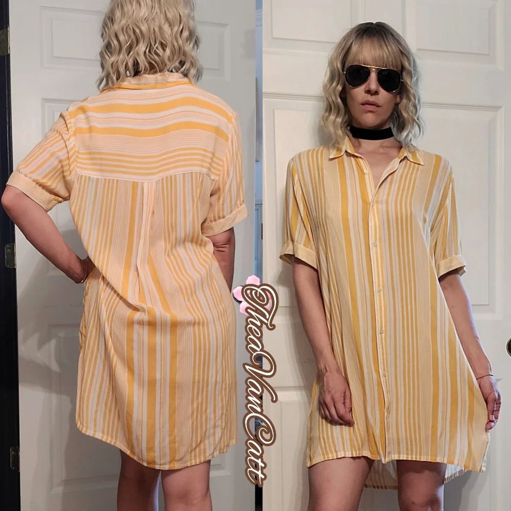 Forever 21 retro yellow stripes short sleeve button down relaxed fit shirt dress - Picture 1 of 8